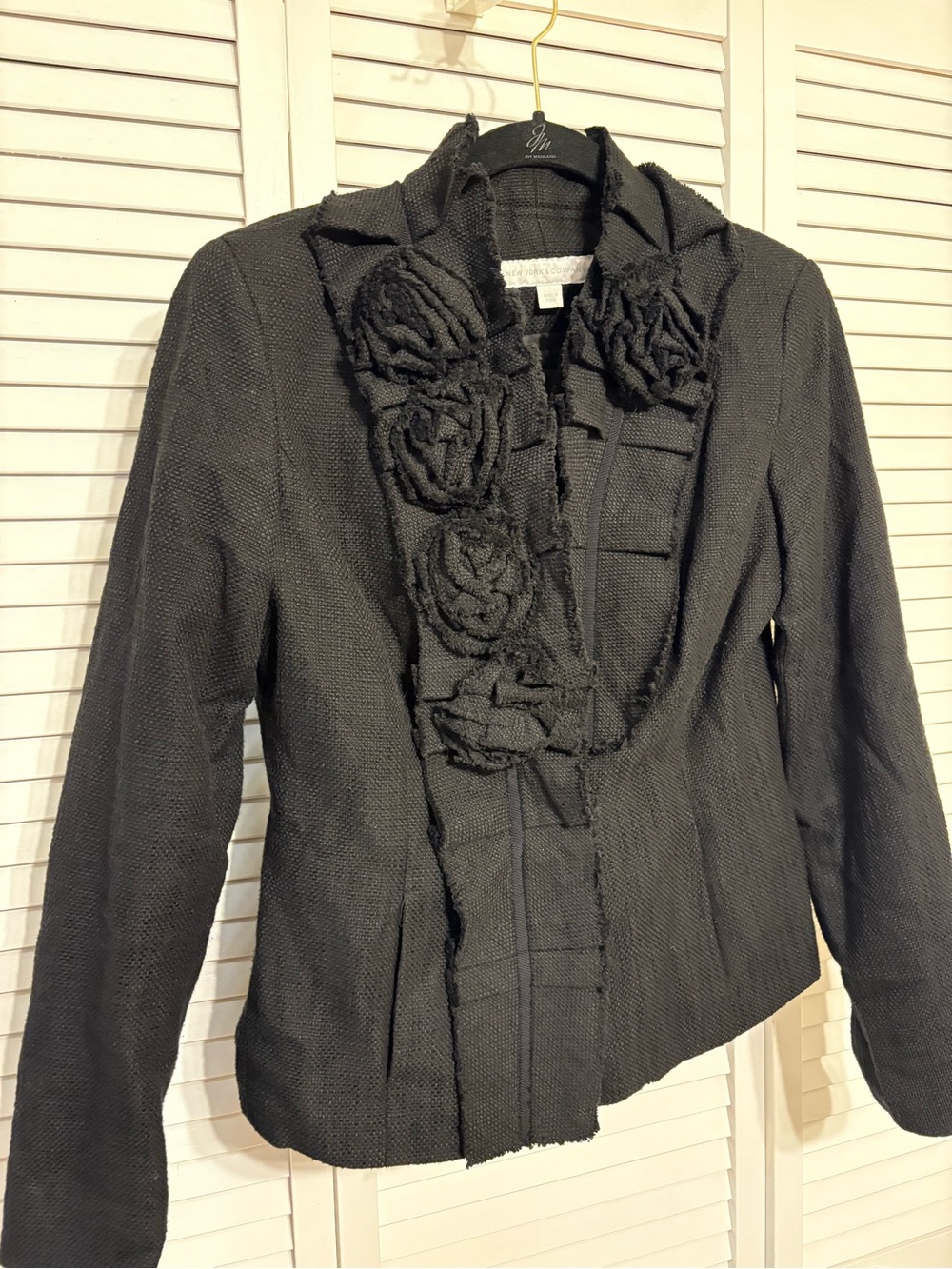New York & Company Black Tweed Blazer With 3-D Floral Lapel